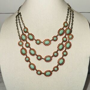 TALBOTS layered Aqua cabochons with orange beads, gold-tone necklace